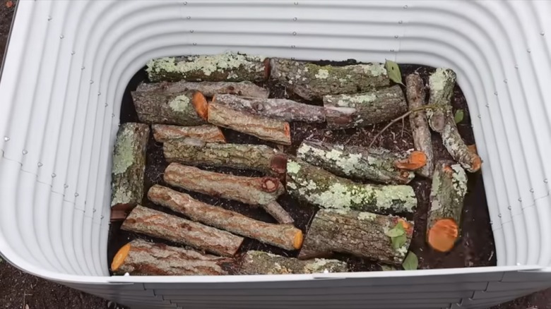 firewood log in planter container