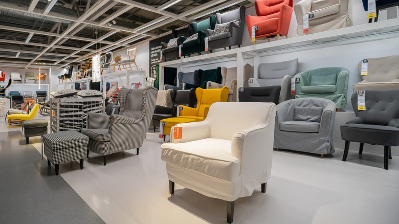 IKEA showroom with several armchairs on display