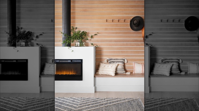 Industrial style fireplace with pegs