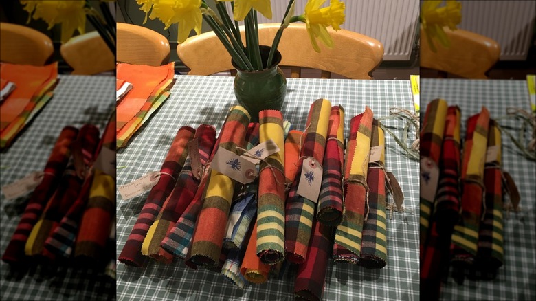 plaid beeswax wraps on table