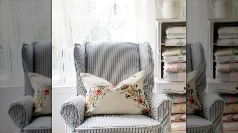 floral tablecloth pillow on chair