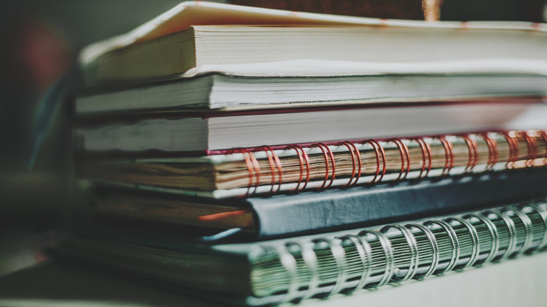 Books and notebooks sit on a shelf.