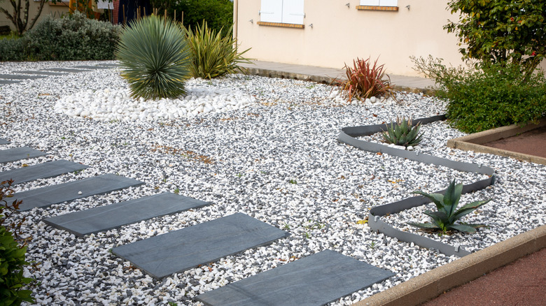 A garden with large rectangular pavers and gray gravel