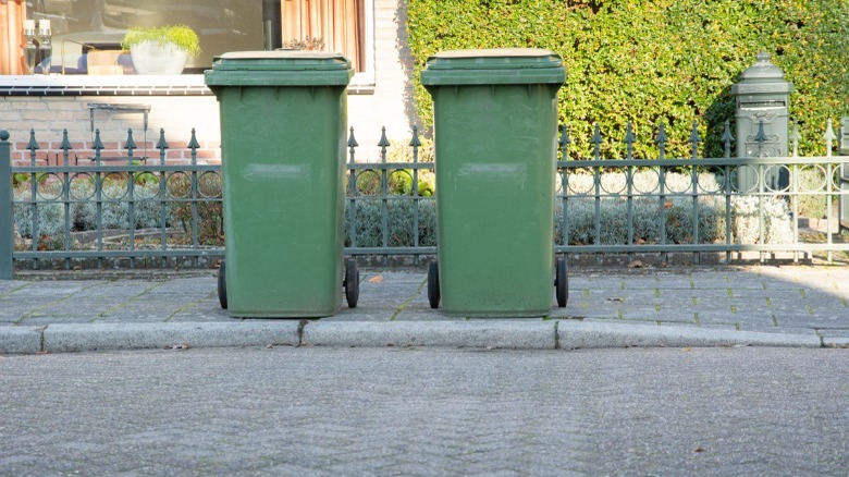 green garbage bins outside