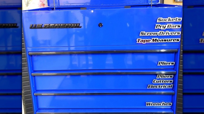 blue toolbox with labeled drawers