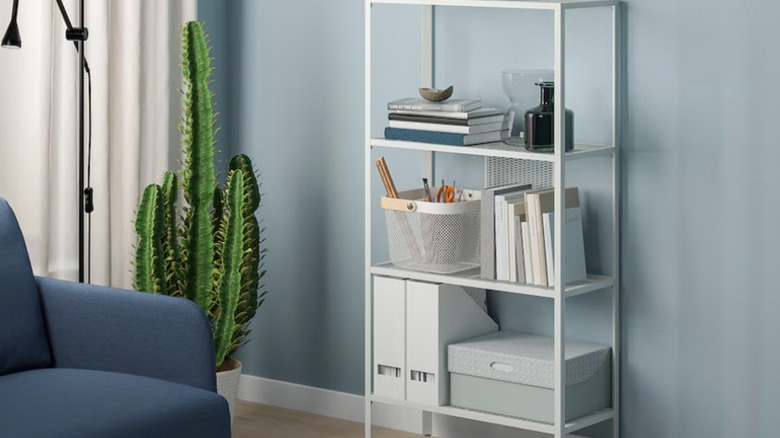 White metal shelving unit in a living room