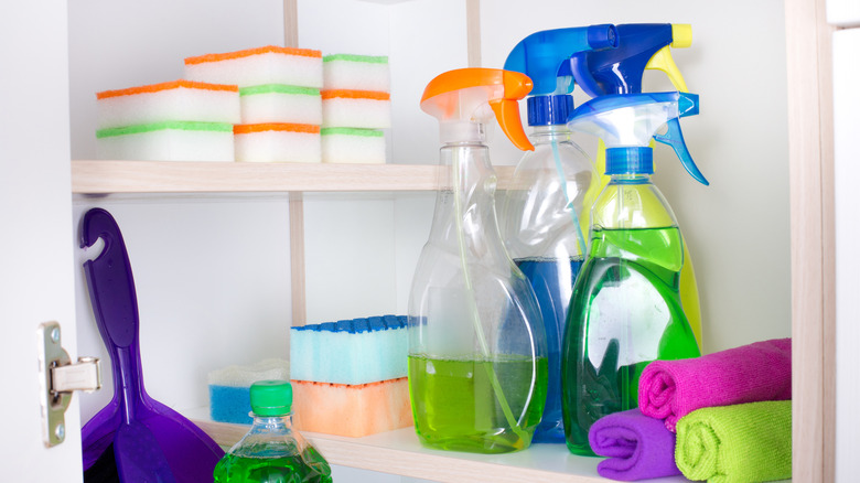 Colorful cleaning products stored in a utility closet