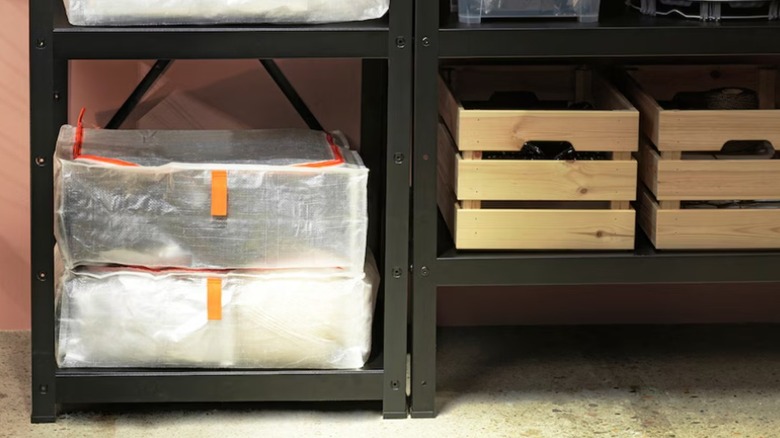 Plastic storage bags on a metal shelf