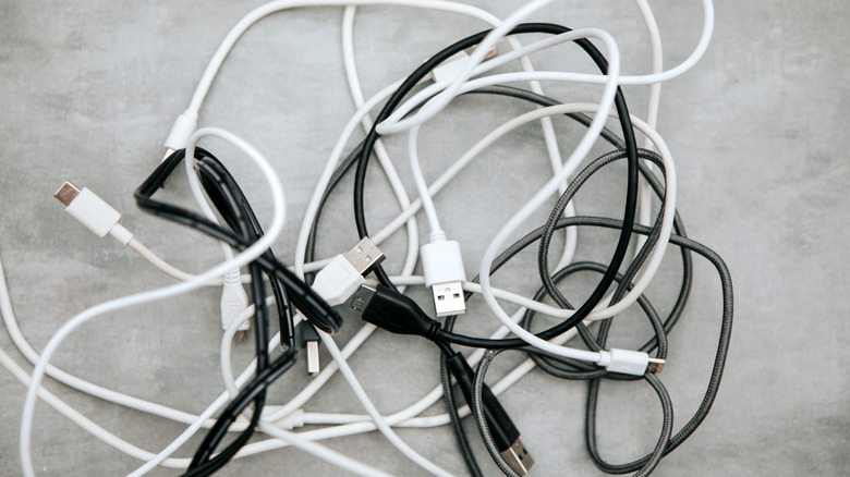 A jumbled mix of charging cables