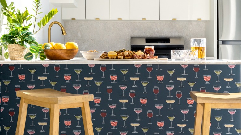 Fun-themed wallpaper around kitchen island