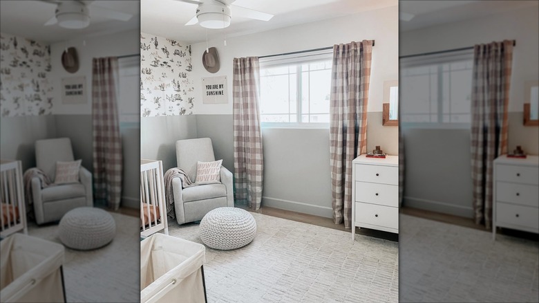 Nursery with beige and white buffalo plaid curtains