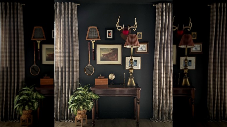 Dark room with brown plaid curtains