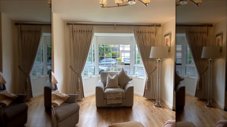 Beige tweed curtains in living room