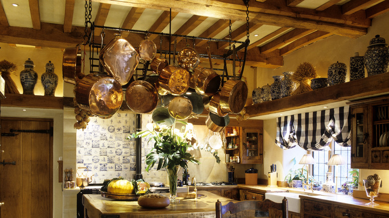 tuscan kitchen with hanging pot rack