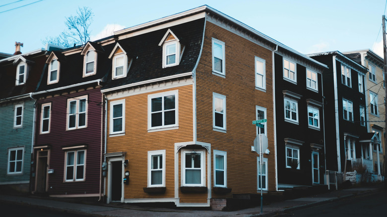 Row homes are painted in jewel tones