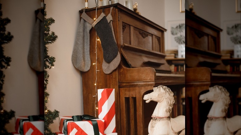 neutral stockings on wooden piano