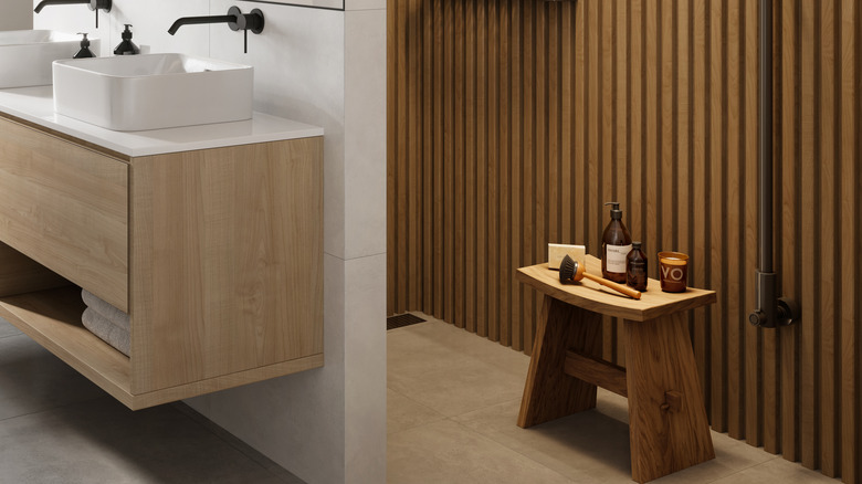 Wooden stool in shower