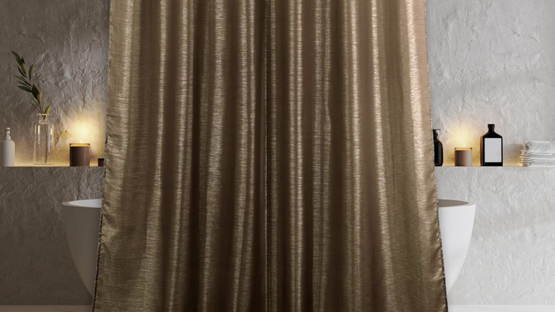 Light gray bathroom with brown shower curtain