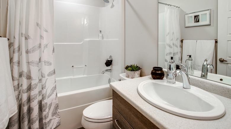 Gray bathroom with white and gray feather shower curtain