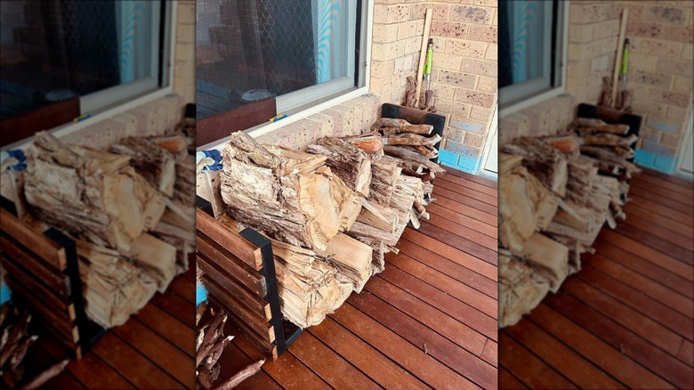 firewood holder on wood deck