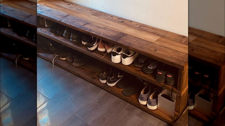 homemade upcycled wood shoe rack