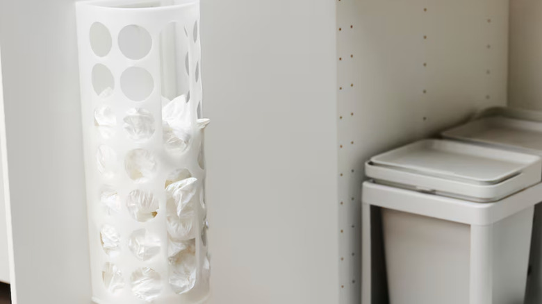 white plastic bag dispenser kitchen cabinet