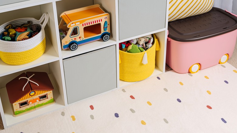 storage shelf in kids' playroom