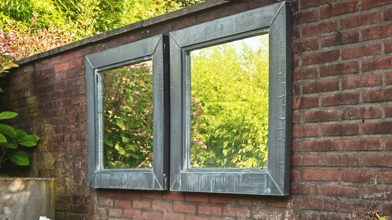 Two square mirrors on outdoor brick wall