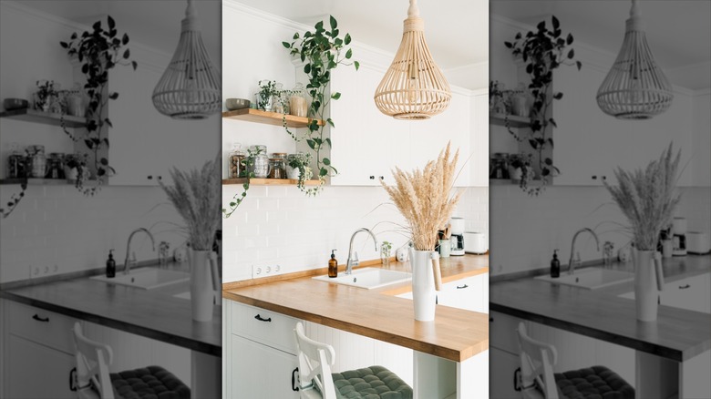 White kitchen with wood countertop