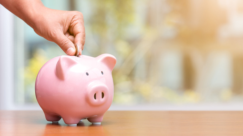 person placing coin in piggybank