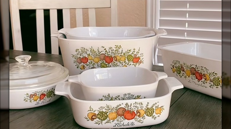 CorningWare bakeware with a vintage pattern on a table