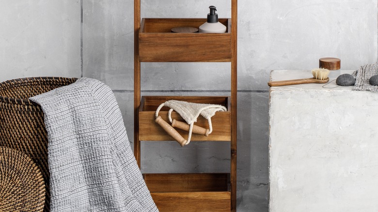 Wooden bathroom shelf