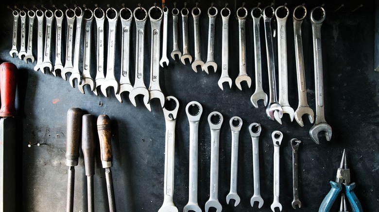 A large set of combination wrenches.