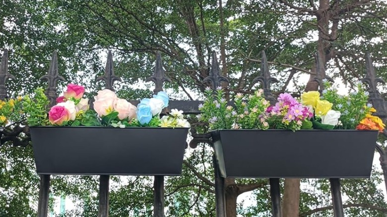 Black pots with colorful flowers hanging on black fence