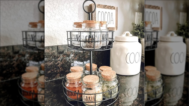 Jars on spices on tiered metal tray