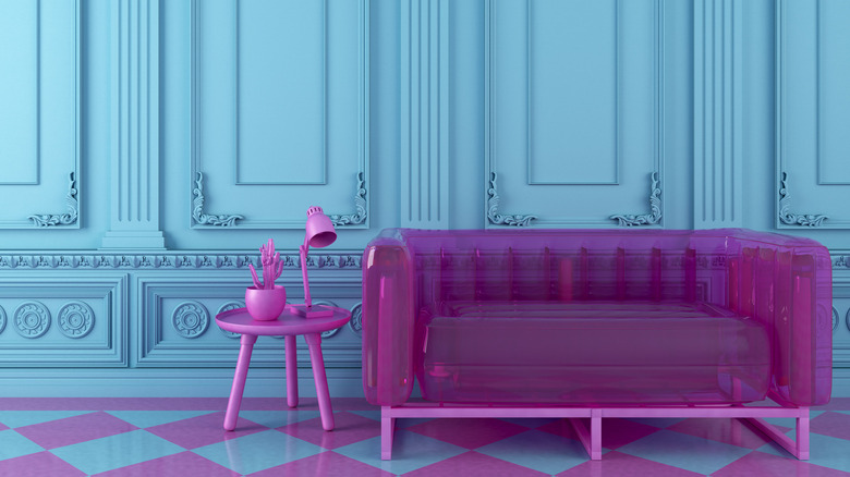 Aqua wall with purple furniture