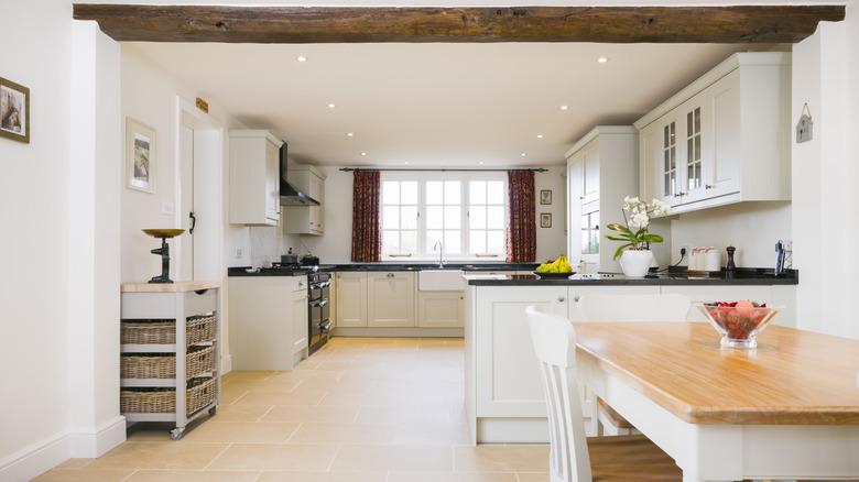 Black, white, and wood toned kitchen