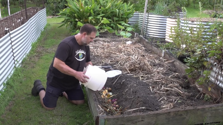 man pouring food scraps on garden bed