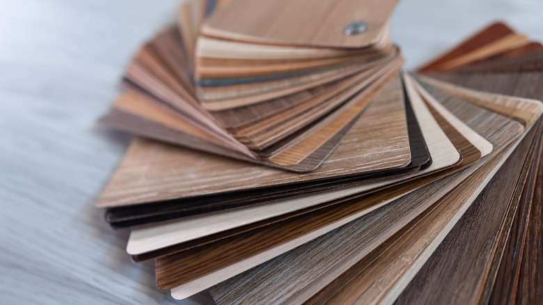 Wood color sample squares on a table