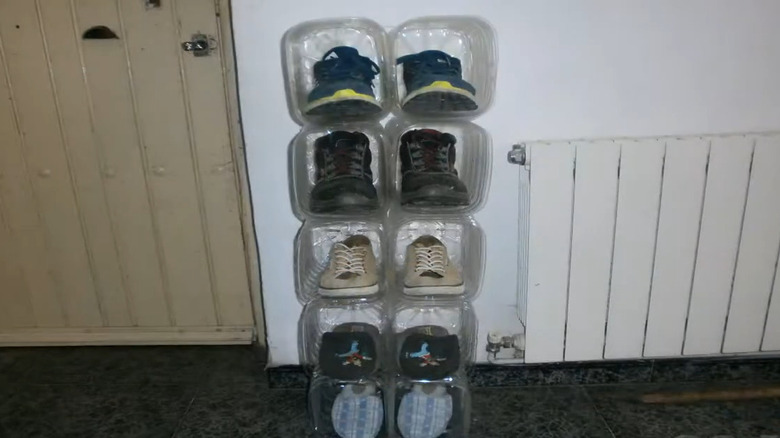 DIY shoe rack made from water bottles