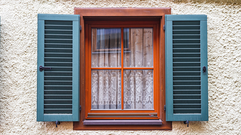 A window with blue shutters