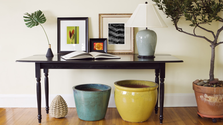 Black dining table repurposed as a display table for plants and home decor