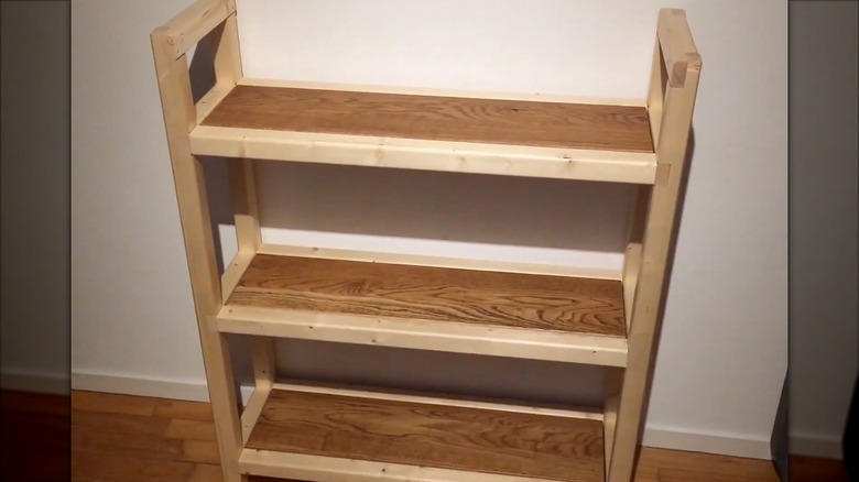 Table converted into a storage shelf