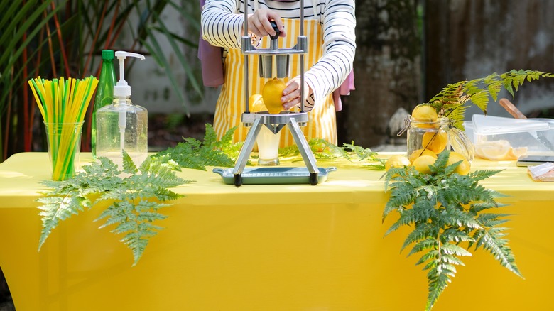 Woman using table as a lemonade stand in her yard