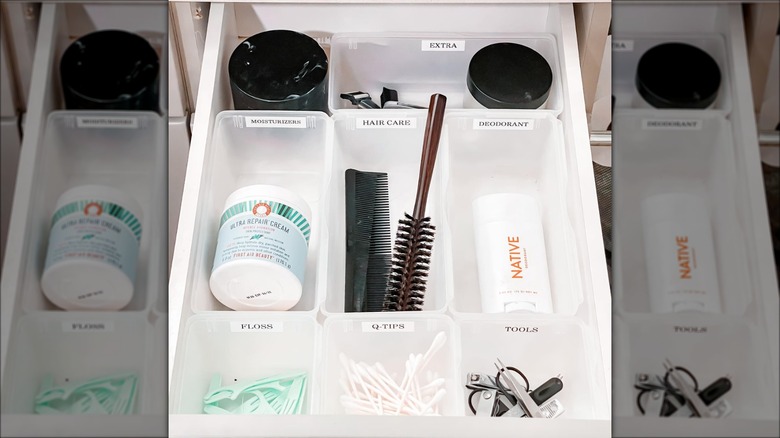 bathroom drawer with plastic organizers