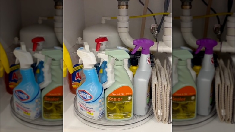 Cleaning products on a lazy Susan under a sink