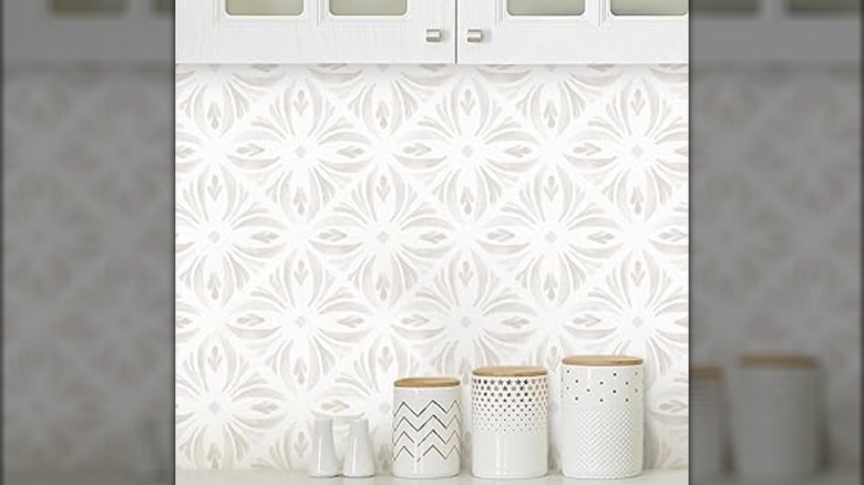 A simple, geometric wallpaper in a modern kitchen