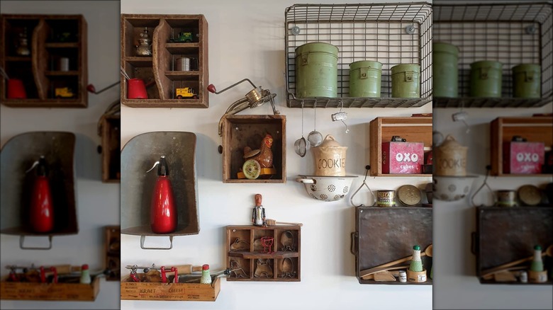 eclectic gallery wall with colander