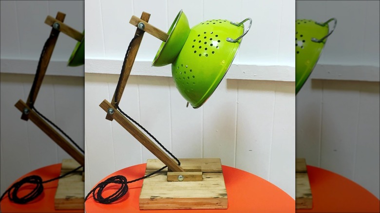 green colander table lamp