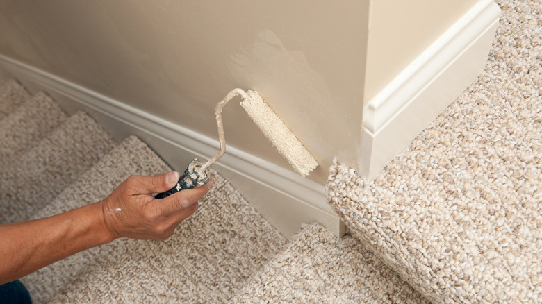 person touching up wall paint